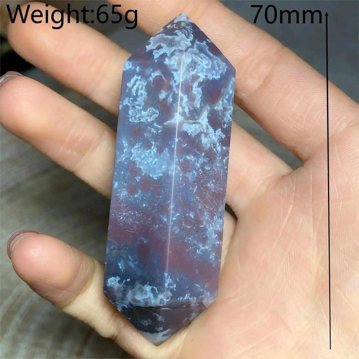 Polished Ocean Jasper double point tower featuring unique blue, cream, and pink orb patterns for heart chakra healing.