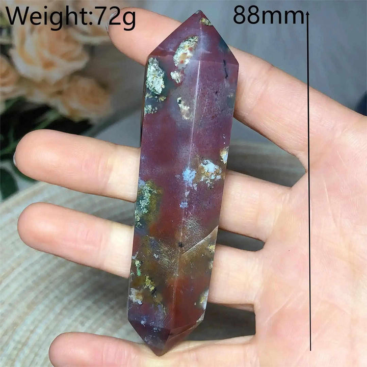 Polished 88mm Ocean Jasper double point tower with green, cream, and pink orb patterns for heart chakra healing.