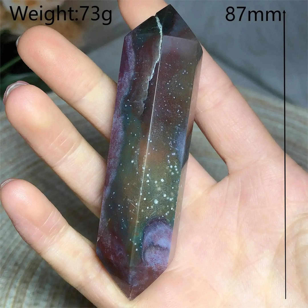 Polished 87mm Ocean Jasper double point tower featuring vibrant green, cream, and pink orb patterns for heart chakra healing.