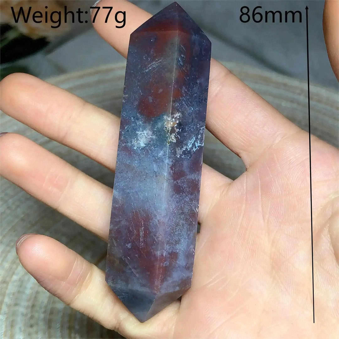 Polished 86mm Ocean Jasper double point tower featuring deep red and blue orb patterns for heart chakra healing.