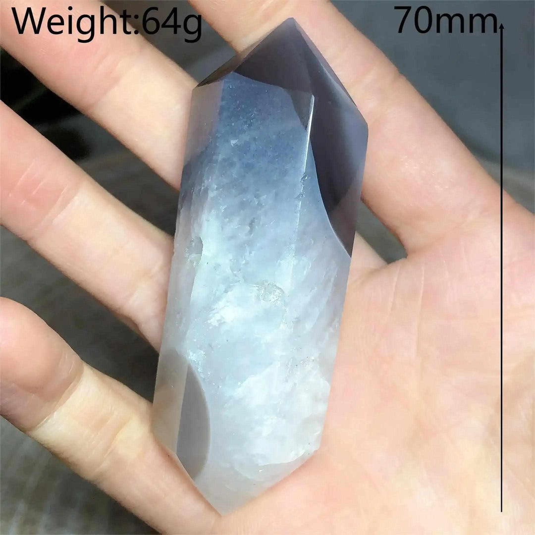 Polished 70mm Ocean Jasper double point tower featuring soothing green and cream orb patterns for heart chakra healing.