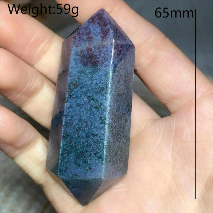 Polished 65mm Ocean Jasper double point tower featuring blue and green orb patterns for heart chakra healing.