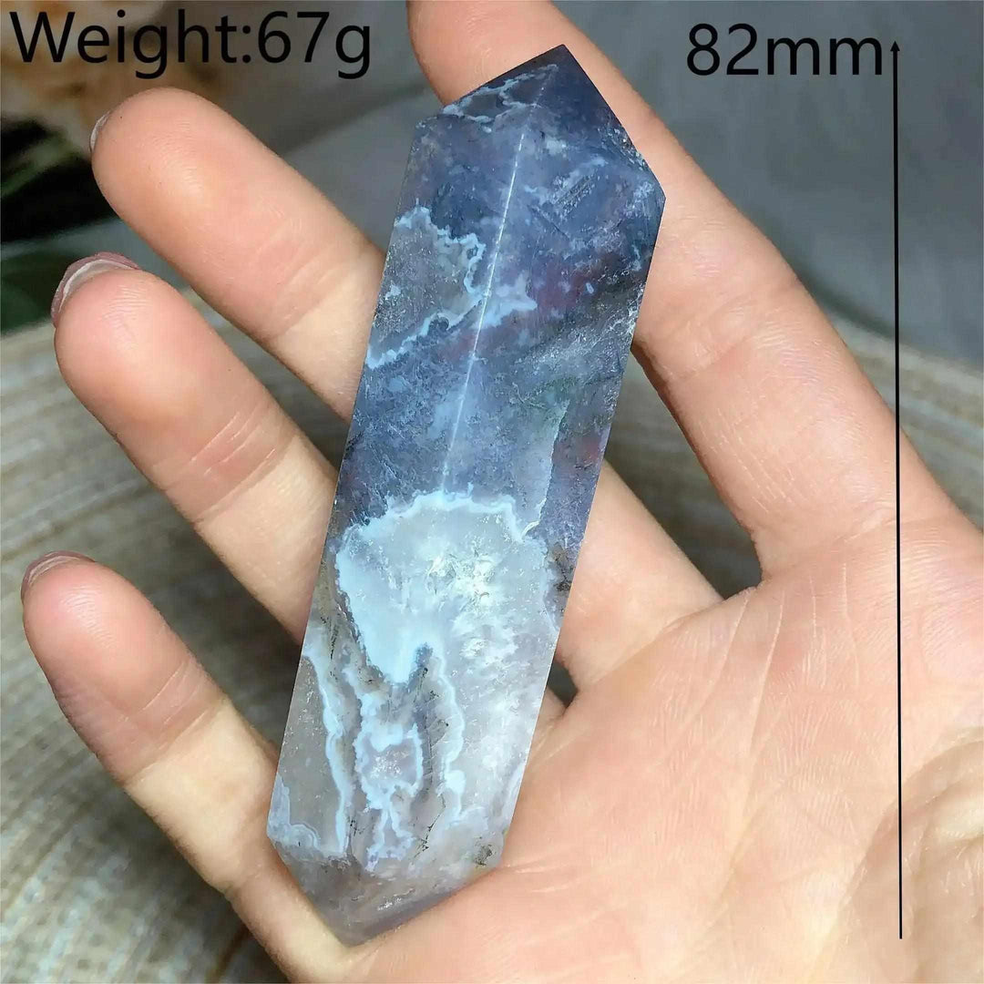 Polished 82mm Ocean Jasper double point tower with blue, cream, and orb patterns for Heart and Throat Chakra healing.