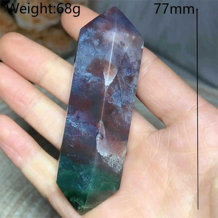 Polished Ocean Jasper double point tower featuring green, cream, and red orb patterns for Heart and Throat Chakra healing.