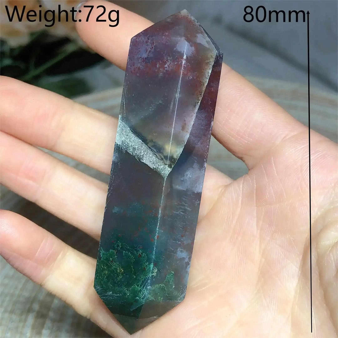 Polished 80mm Ocean Jasper double point tower featuring unique green, cream, and pink orb patterns for heart chakra healing.