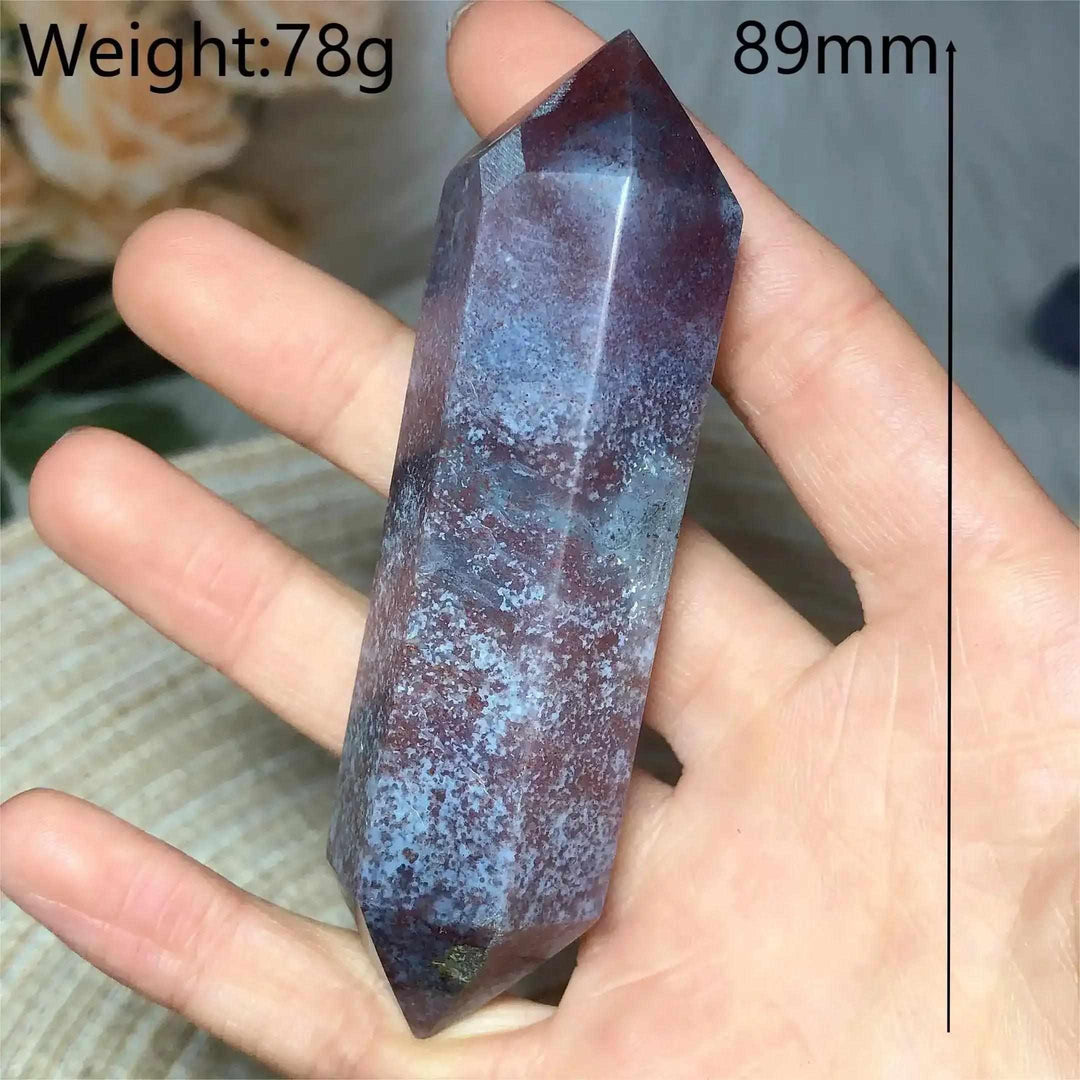 Polished 89mm Ocean Jasper double point tower featuring unique blue and burgundy orb patterns for heart chakra healing.