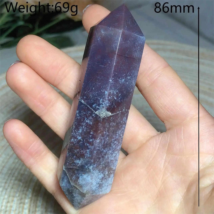 Polished 86mm Ocean Jasper double point tower featuring deep purple and blue tones for heart and throat chakra healing.