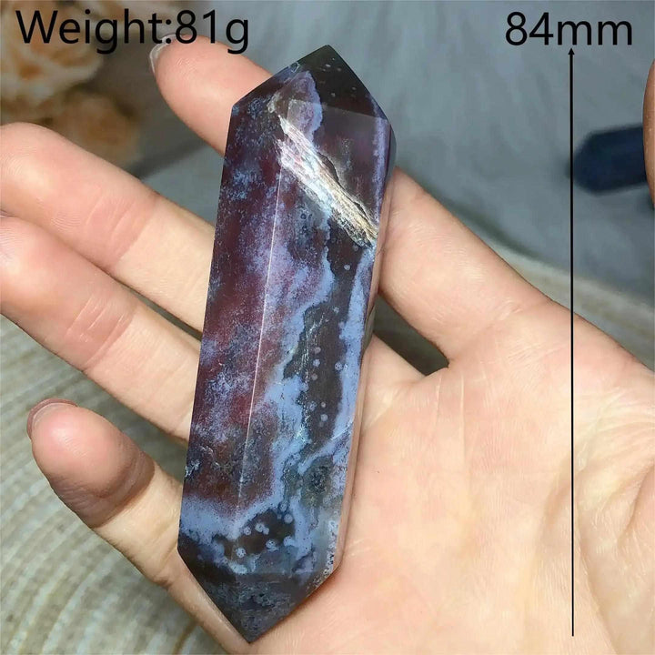 Polished 84mm Ocean Jasper double point tower featuring deep green, cream, and pink orb patterns for heart chakra healing.