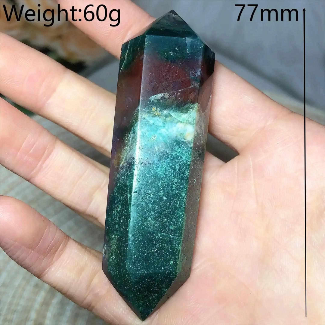 Polished 77mm Ocean Jasper double point tower featuring vibrant green, cream, and pink orb patterns for heart chakra healing.