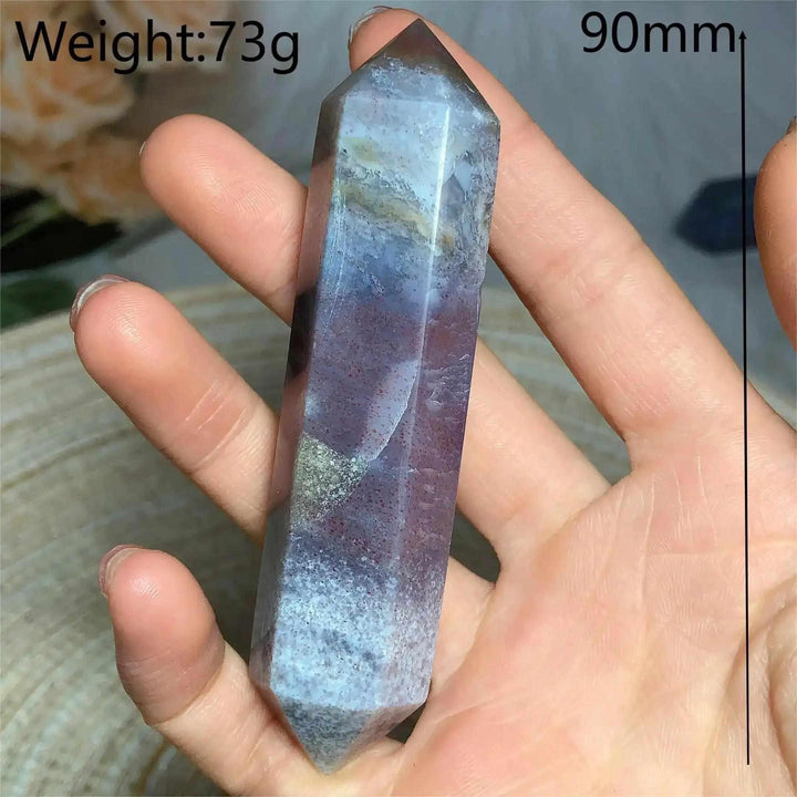 Polished 90mm Ocean Jasper double point tower with calming green, cream, and pink orb patterns for heart chakra healing.