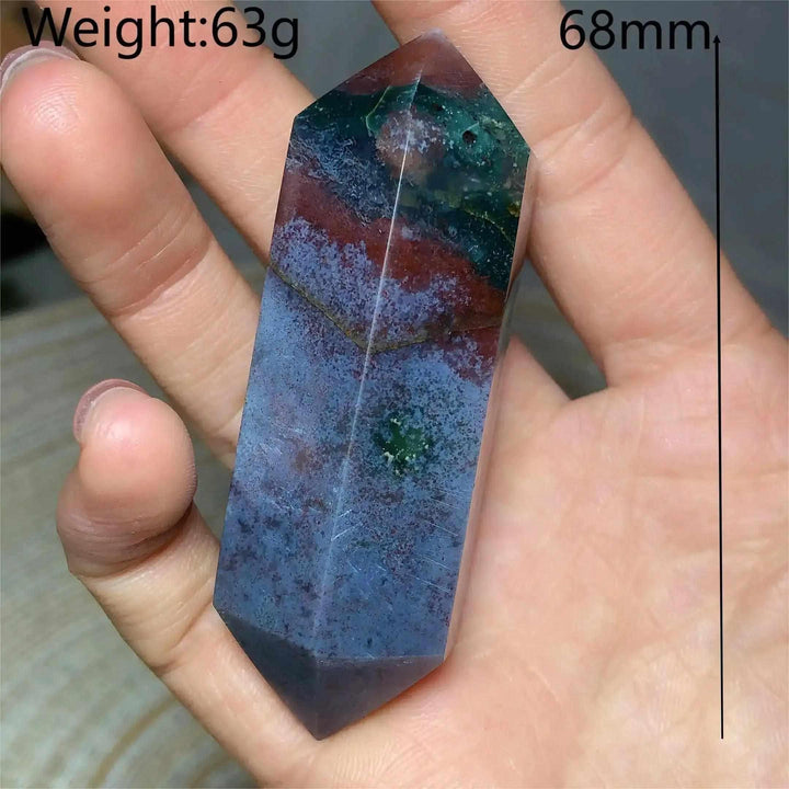 Polished Ocean Jasper double point tower featuring green, cream, and pink orb patterns for heart and throat chakra healing.