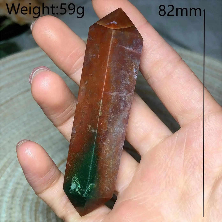 Polished 82mm Ocean Jasper double point tower featuring rich green and earthy red tones for heart chakra healing.
