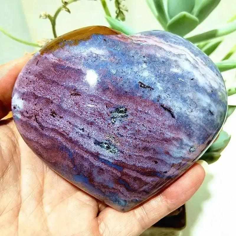 Polished Ocean Jasper heart in calming purple and blue tones, perfect for Heart Chakra healing and peaceful reflection.