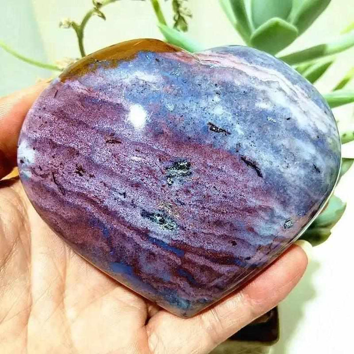 Polished Ocean Jasper heart in calming purple and blue tones, perfect for Heart Chakra healing and peaceful reflection.