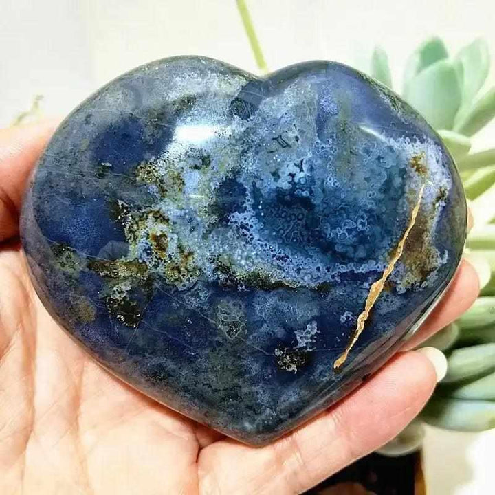 Polished Ocean Jasper heart with deep blue orb patterns, perfect for Heart Chakra calm and gentle self-expression.