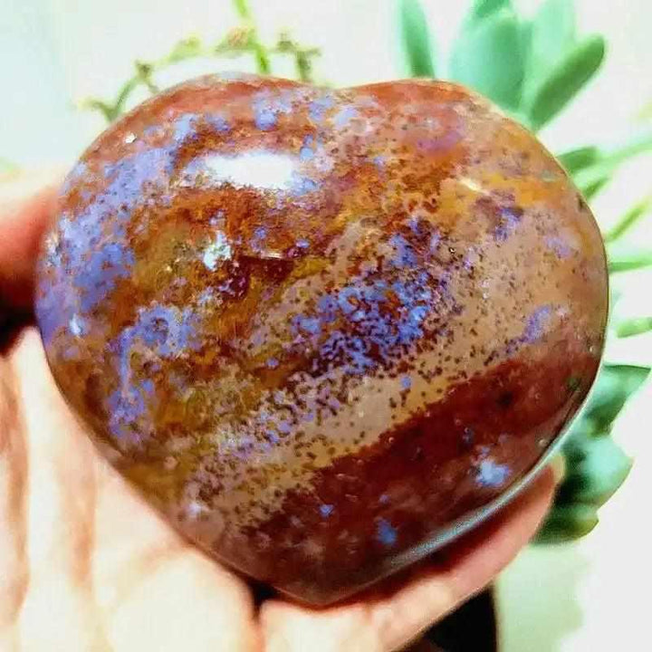 Polished Ocean Jasper heart with calming sea green and blush orb patterns, perfect for Heart Chakra healing and meditation.