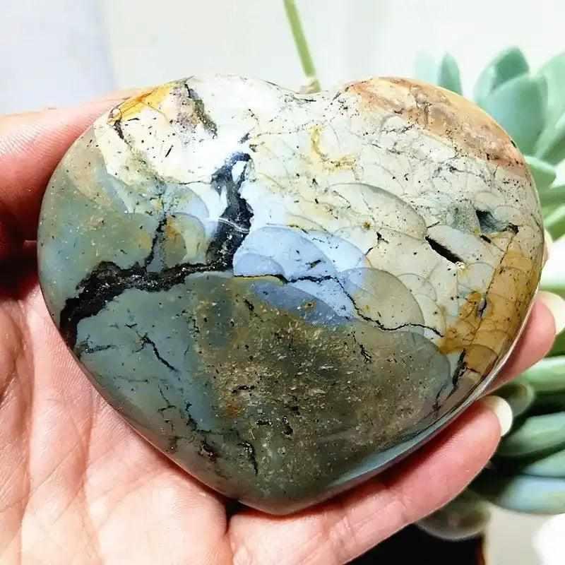 Polished Ocean Jasper heart with sea green, cream, and blush orb patterns for calming Heart Chakra energy.