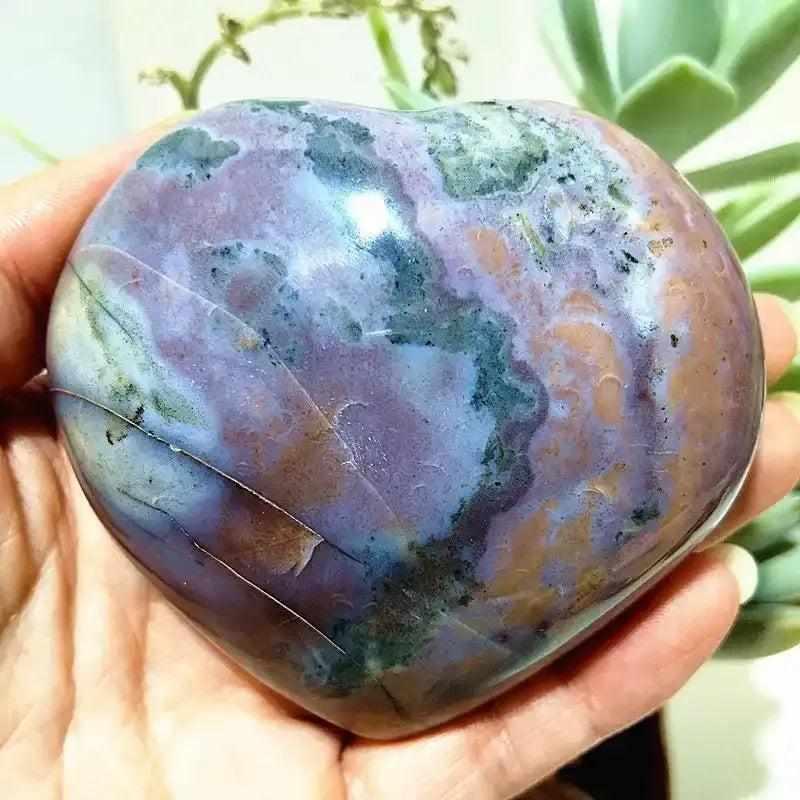 Polished Ocean Jasper heart with calming sea green and blush orb patterns, perfect for Heart Chakra healing and comfort.