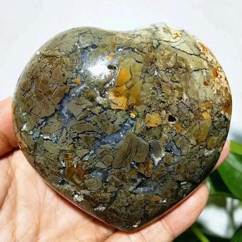 Polished Ocean Jasper heart stone featuring earthy green, brown, and cream orb patterns for Heart Chakra healing.