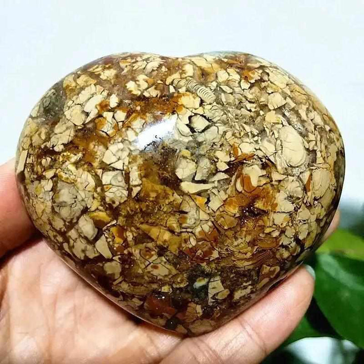 Polished Ocean Jasper heart stone with swirling brown and cream orb patterns, perfect for Heart Chakra healing.