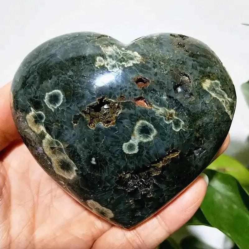 Polished Ocean Jasper heart stone featuring deep green hues, unique orbicular patterns, and a calming, grounding energy.