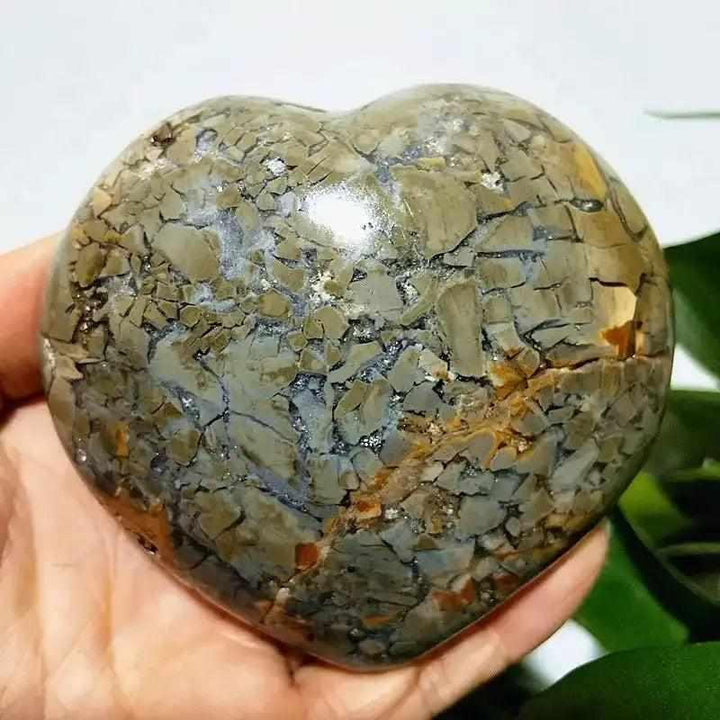 Polished Ocean Jasper heart stone featuring unique grey, brown, and cream patterns for heart chakra healing and tranquility.