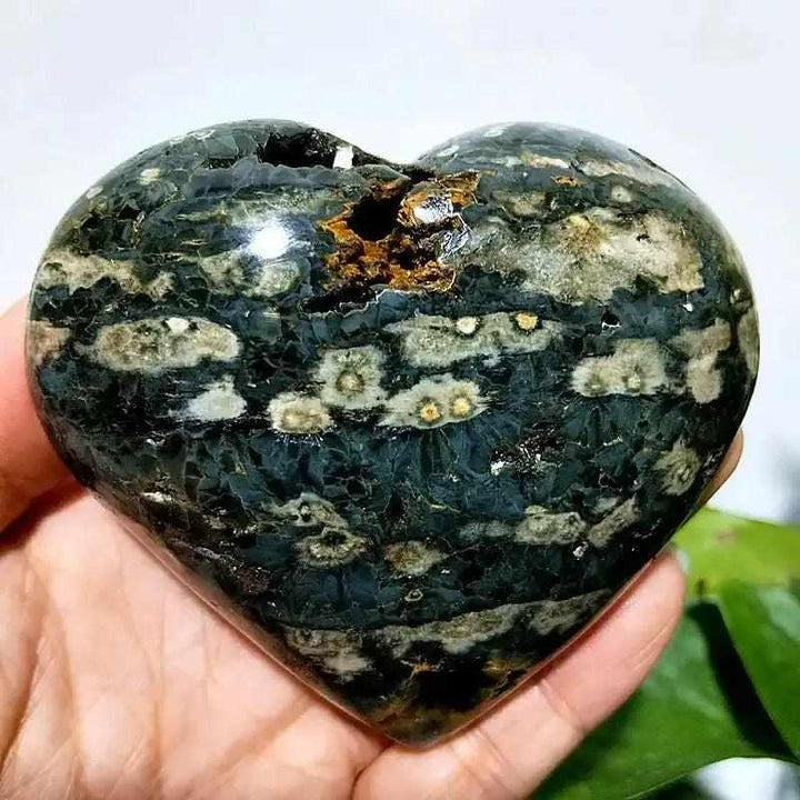 Polished Ocean Jasper heart stone featuring dark green, white, and brown orb patterns for Heart Chakra healing and calm.