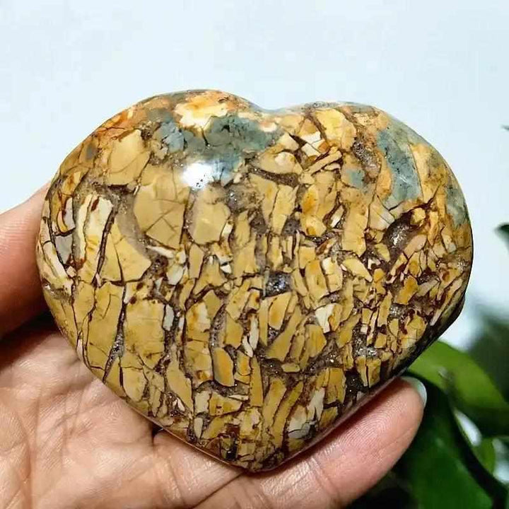 Polished Ocean Jasper heart stone featuring intricate tan, green, and cream patterns for Heart Chakra healing and calm.