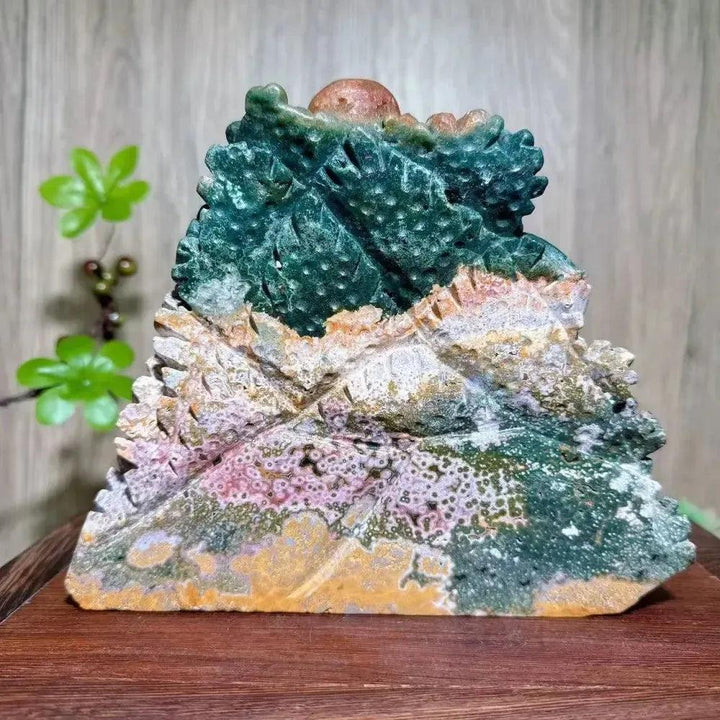 Hand-carved Ocean Jasper "Ocean World" crystal from Crystal Destiny, featuring green, pink, and white hues.