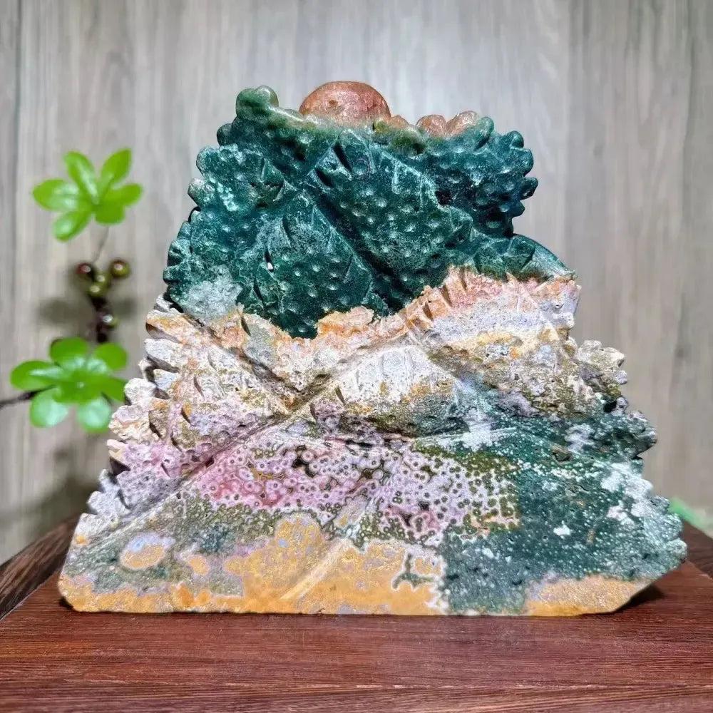Hand-carved Ocean Jasper "Ocean World" crystal with green, pink, white, and orange hues from Crystal Destiny.