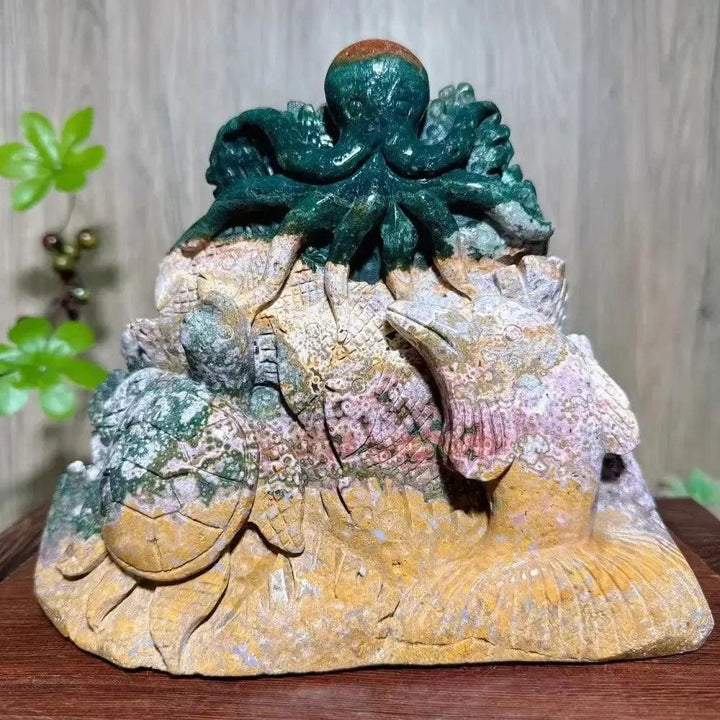 Hand-carved Ocean Jasper ocean world with green octopus, turtle, dolphin, and fish by Crystal Destiny.