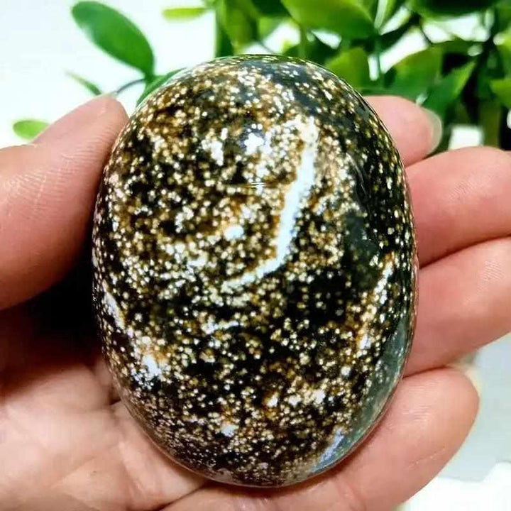 Polished Ocean Jasper palm stone featuring green and cream orbicular patterns, perfect for Heart Chakra meditation.