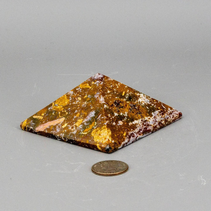 Crystal Destiny Ocean Jasper pyramid, 3.25" with earthy tones, swirling patterns, and orbs, next to a coin.