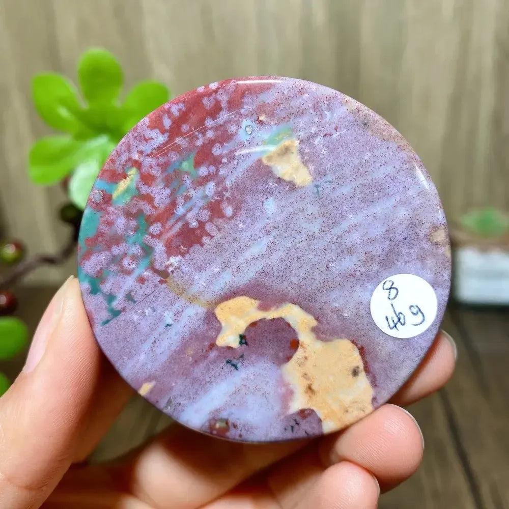 Crystal Destiny Ocean Jasper round slice, featuring red, purple, green, and yellow patterns, 46g.