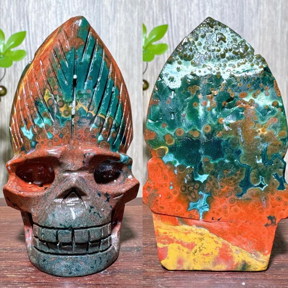 Extraordinary Ocean Jasper Skull Carving with Raw Druzy, showcasing vibrant green, orange, and yellow hues for transformation.