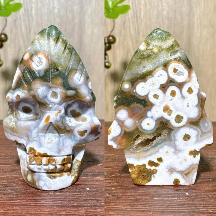 Extraordinary Ocean Jasper Skull Carving with raw druzy, a unique hand-carved crystal for transformation and wisdom.