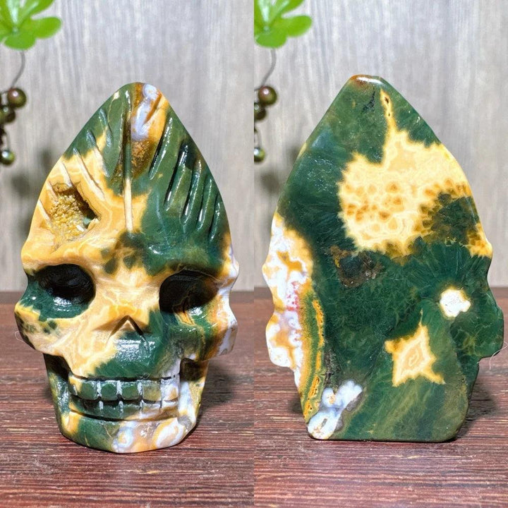 Extraordinary Ocean Jasper Skull Carving with Raw Druzy, a unique green and yellow crystal for transformation and wisdom.