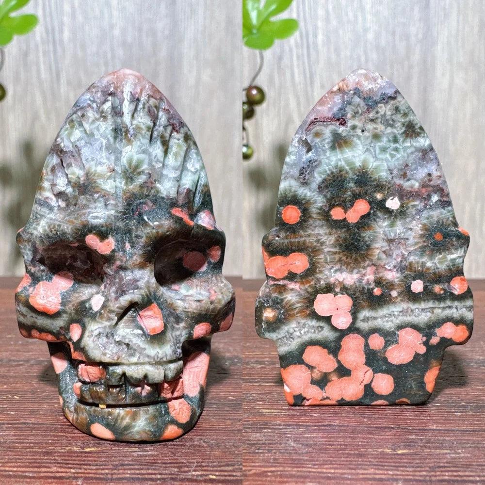 Extraordinary Ocean Jasper Skull Carving with raw druzy, a unique crystal for transformation and wisdom.
