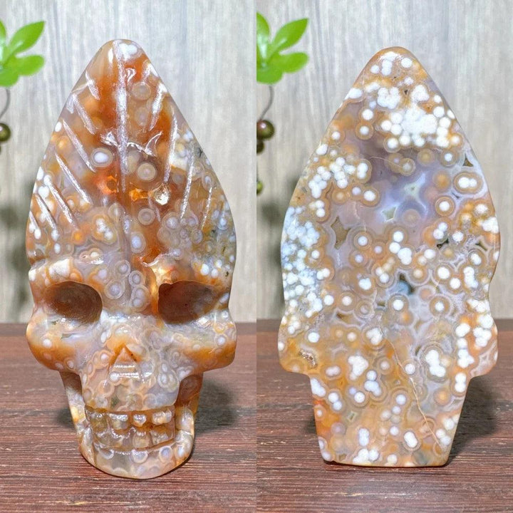 Extraordinary Ocean Jasper Skull Carving with Raw Druzy. Unique, hand-carved crystal for transformation and wisdom.
