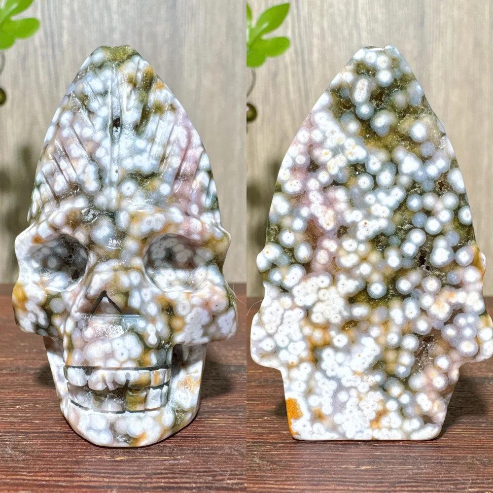 Extraordinary Ocean Jasper Skull Carving with Raw Druzy. Unique, swirling orbs and color fields for transformation.