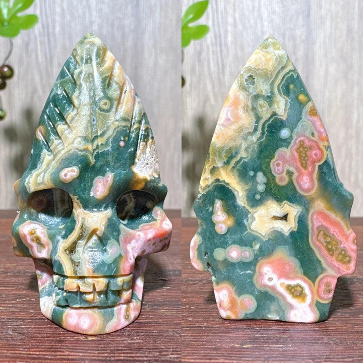Extraordinary Ocean Jasper Skull Carving with Raw Druzy. Unique green, pink, and yellow orb patterns.