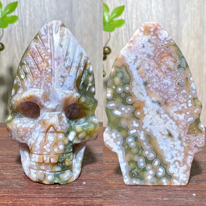 Extraordinary Ocean Jasper Skull Carving with raw druzy, a unique hand-carved crystal for transformation and wisdom.