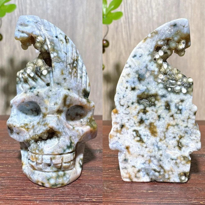 Extraordinary Ocean Jasper Skull Carving with Raw Druzy, a unique hand-carved crystal for transformation and wisdom.
