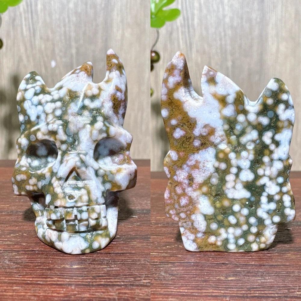 Extraordinary Ocean Jasper Skull Carving with Raw Druzy, a unique, hand-carved crystal for transformation and wisdom.