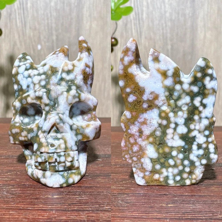 Extraordinary Ocean Jasper Skull Carving with Raw Druzy, a unique, hand-carved crystal for transformation and wisdom.