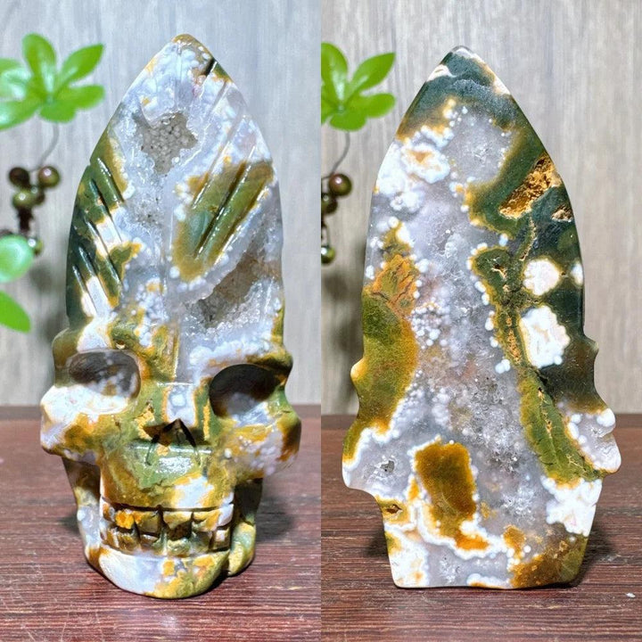 Extraordinary Ocean Jasper Skull Carving with Raw Druzy, a unique, hand-carved crystal for transformation and wisdom.