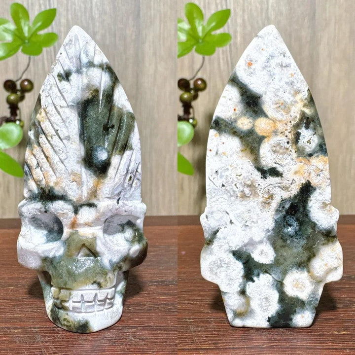Extraordinary Ocean Jasper Skull Carving with Raw Druzy. Unique green, white, and orange orb patterns.