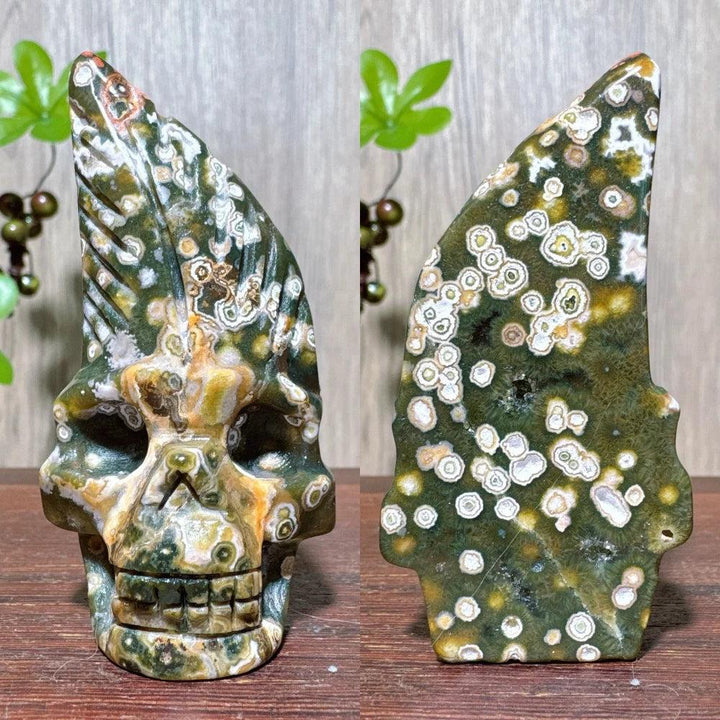 Extraordinary Ocean Jasper Skull Carving with raw druzy, a unique green, white, and orange crystal for transformation.