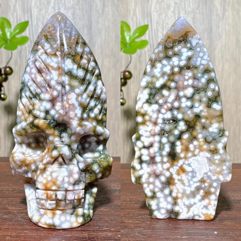 Extraordinary Ocean Jasper Skull Carving with Raw Druzy, a unique, hand-carved crystal for transformation and wisdom.