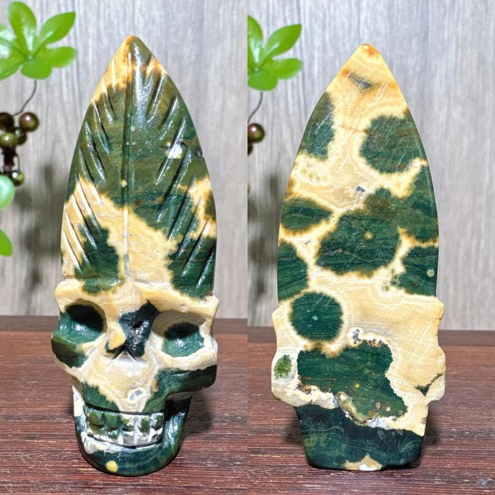 Extraordinary Ocean Jasper Skull Carving with Raw Druzy, a unique green and cream crystal skull for transformation.